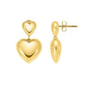 Sterling Silver Yellow Gold Plated Puffed Double Heart Drop Earrings, view 3