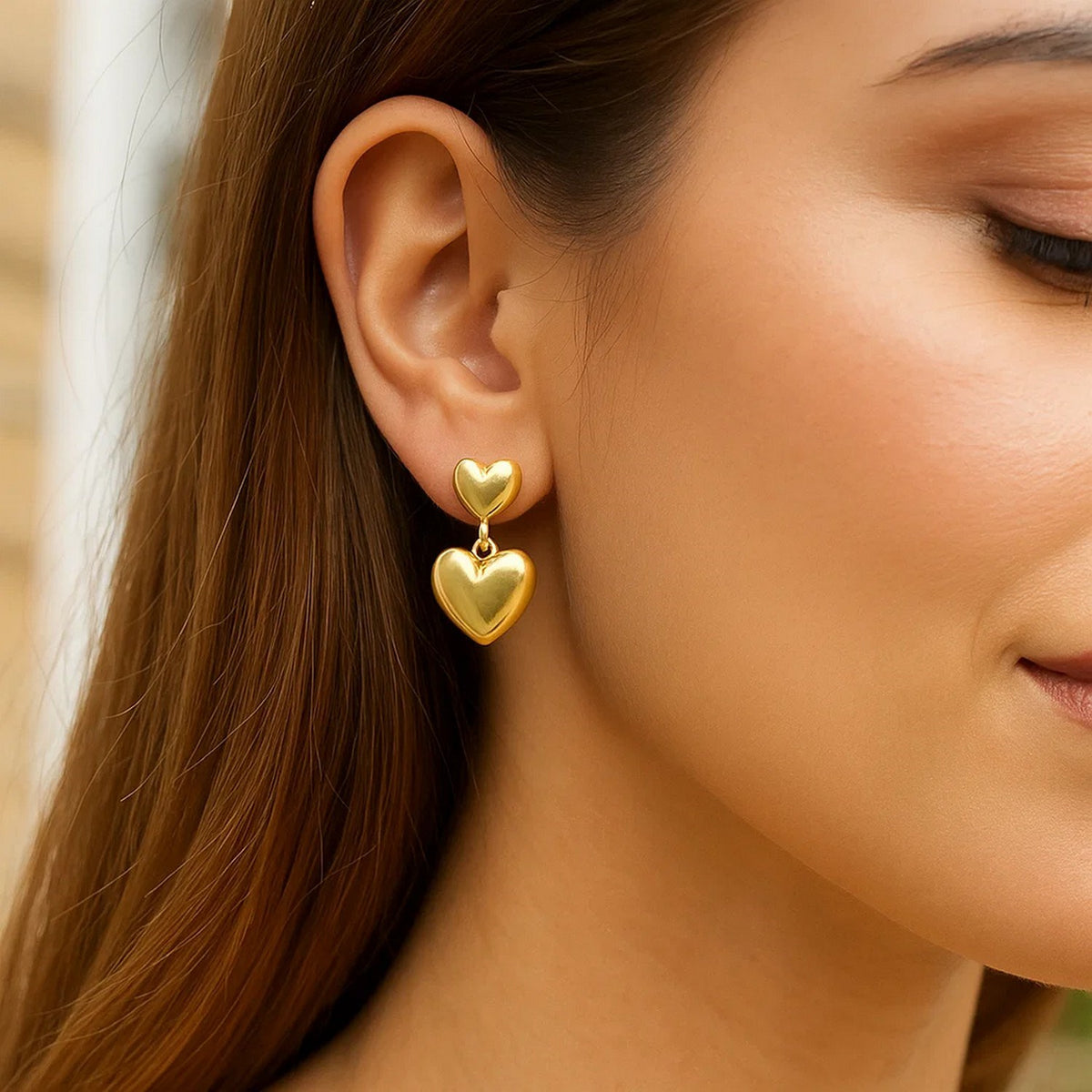 Sterling Silver Yellow Gold Plated Puffed Double Heart Drop Earrings, view 4