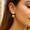 Sterling Silver Yellow Gold Plated Puffed Double Heart Drop Earrings, view 4