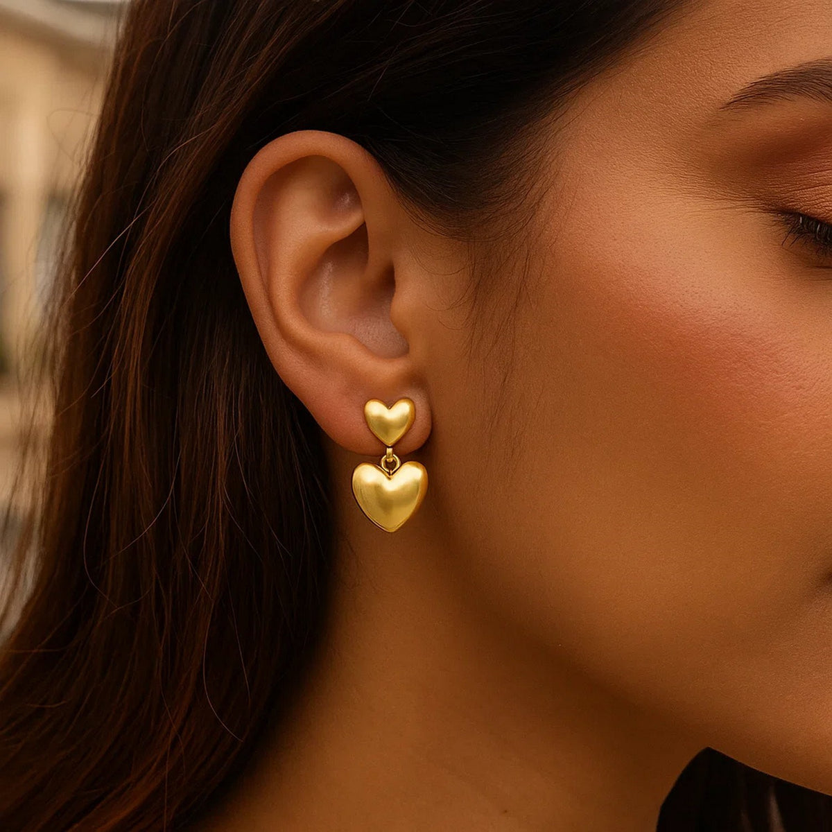 Sterling Silver Yellow Gold Plated Puffed Double Heart Drop Earrings, view 5