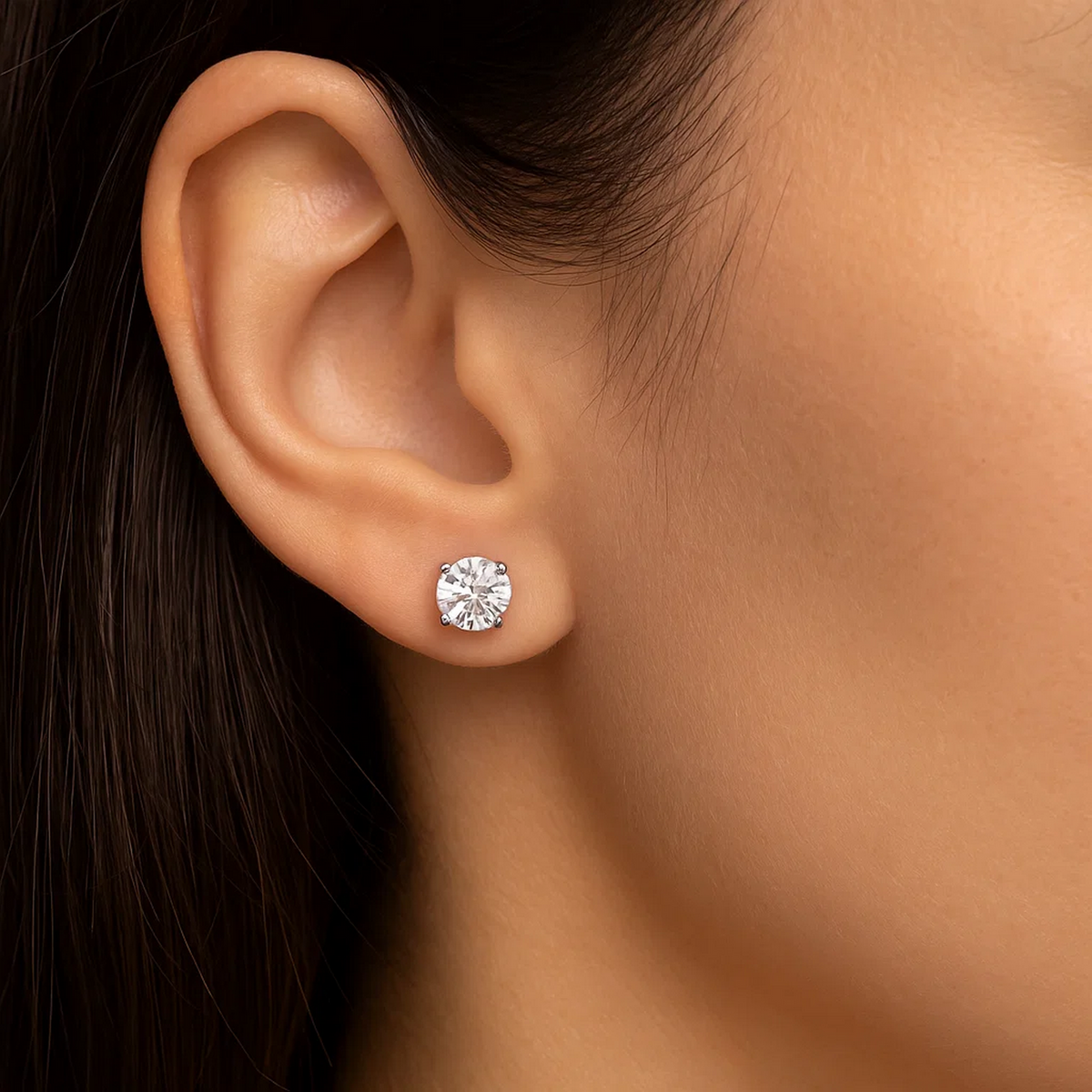 14K White Gold Stud Earrings with White Hue Faceted Cubic Zirconia (5.00 mm), view 6
