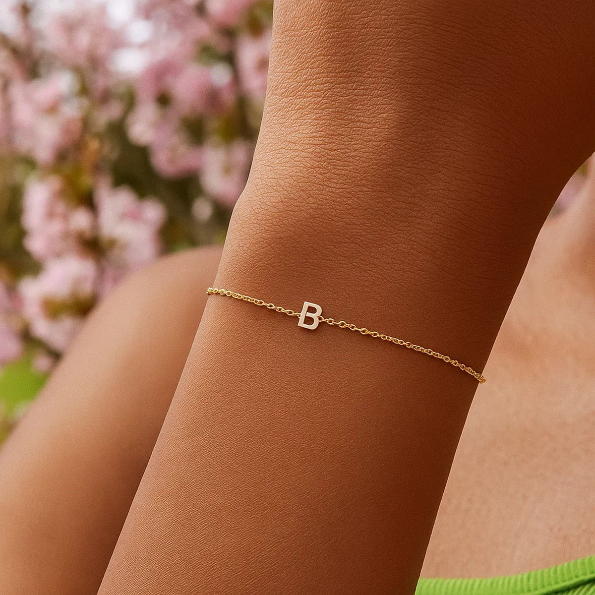 14K Yellow Gold Mini Initial B Bracelet, view 6