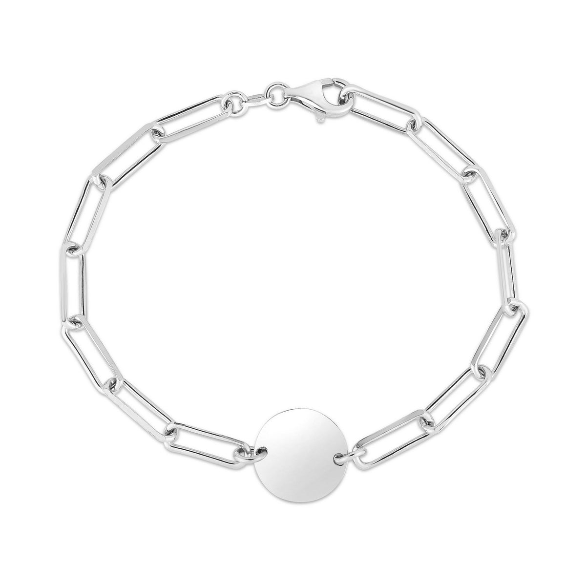 Sterling Silver Rhodium Plated Engravable Circle Paperclip Bracelet (2.10 mm), view 2