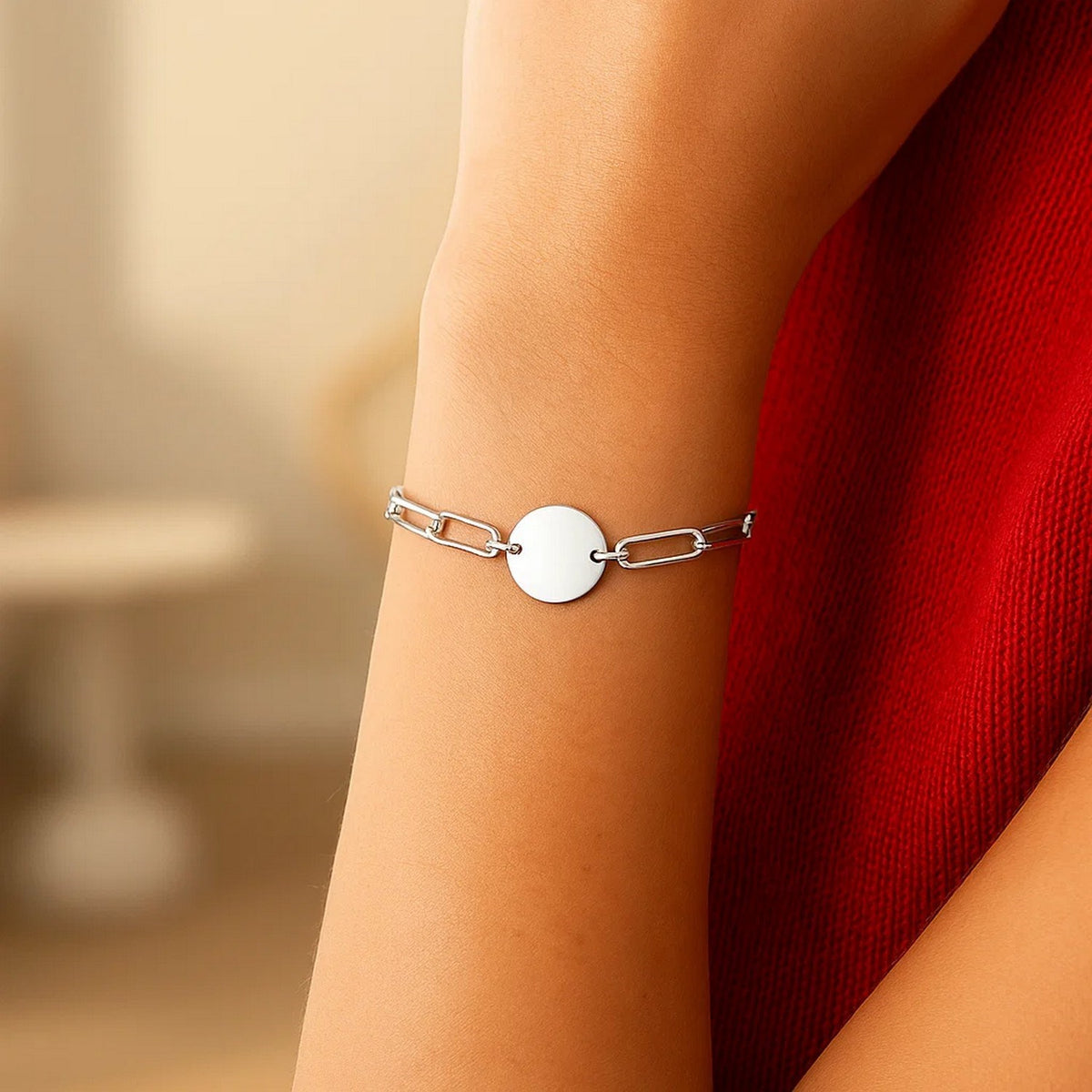 Sterling Silver Rhodium Plated Engravable Circle Paperclip Bracelet (2.10 mm), view 5