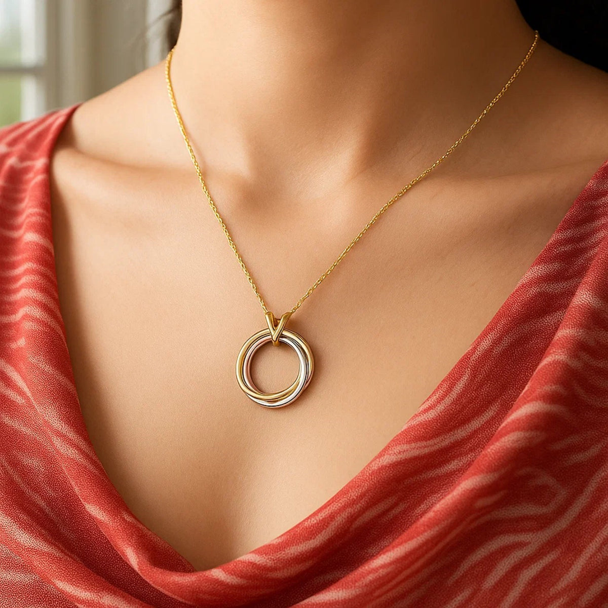 14K Tri Color Gold Interlocking Circle Pendant Necklace, view 4