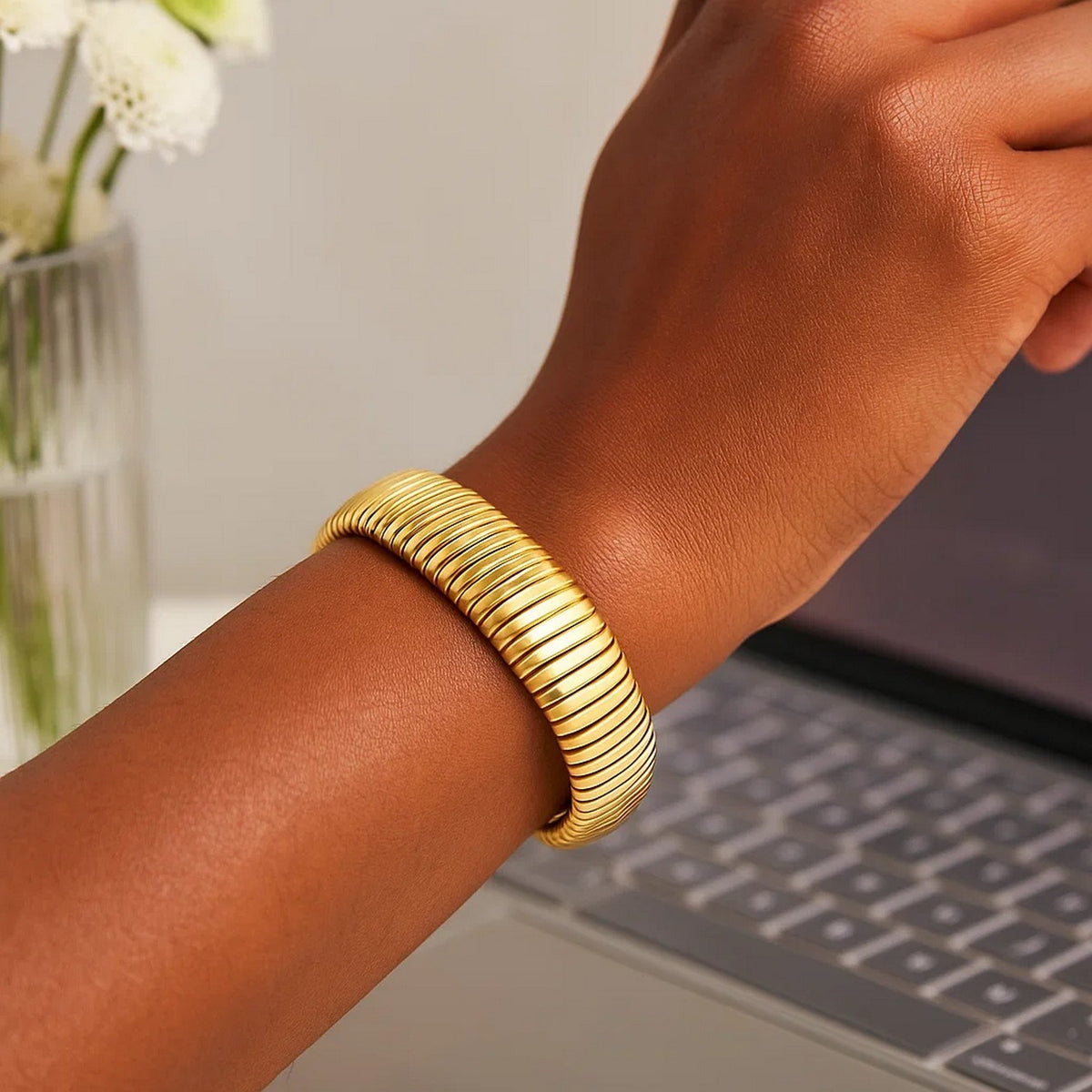 Sterling Silver Yellow Gold Plated Thick Tubogas Bracelet (16.00 mm), view 7