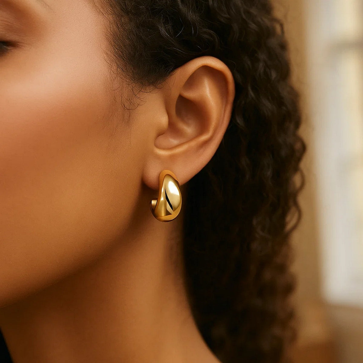 Sterling Silver Yellow Gold Plated Twisted Puff C Hoop Earrings, view 3