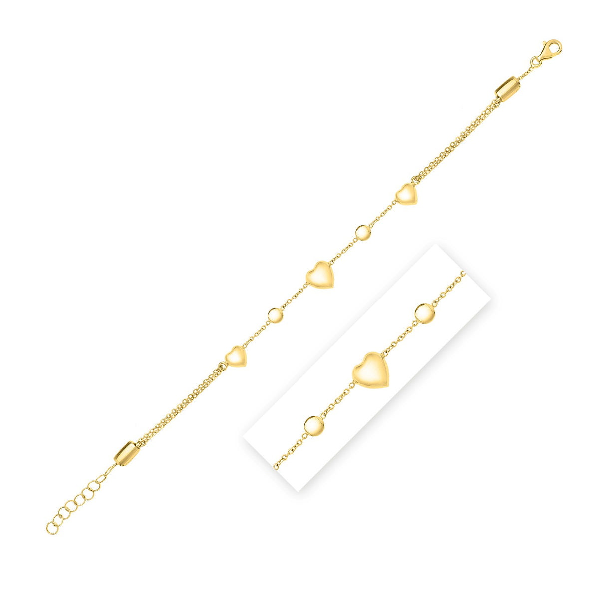 14K Yellow Gold Puff Heart Adjustable Anklet, view 2