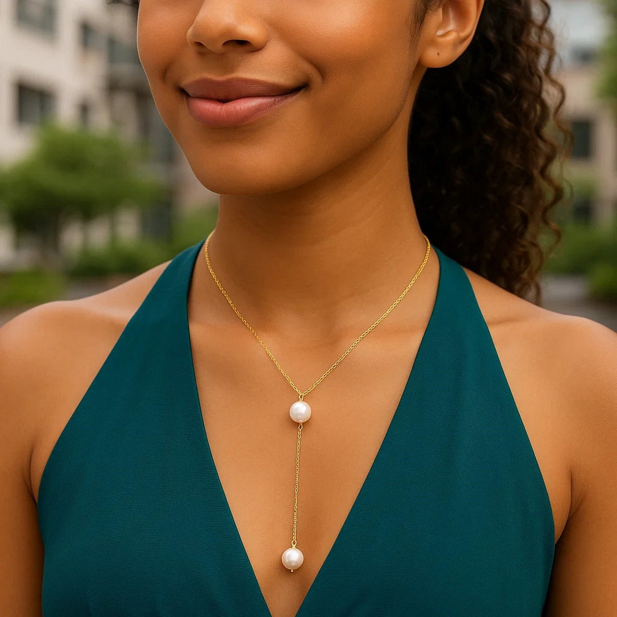 14K Yellow Gold Lariat Necklace with Pearls, view 3