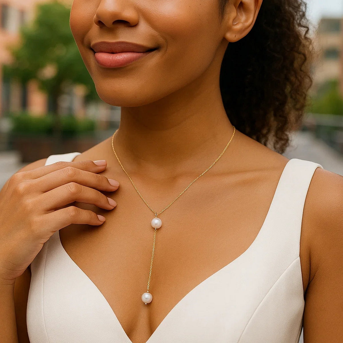 14K Yellow Gold Lariat Necklace with Pearls, view 4