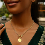 14K Yellow Gold Paperclip Chain Necklace with Circle Pendant, view 4