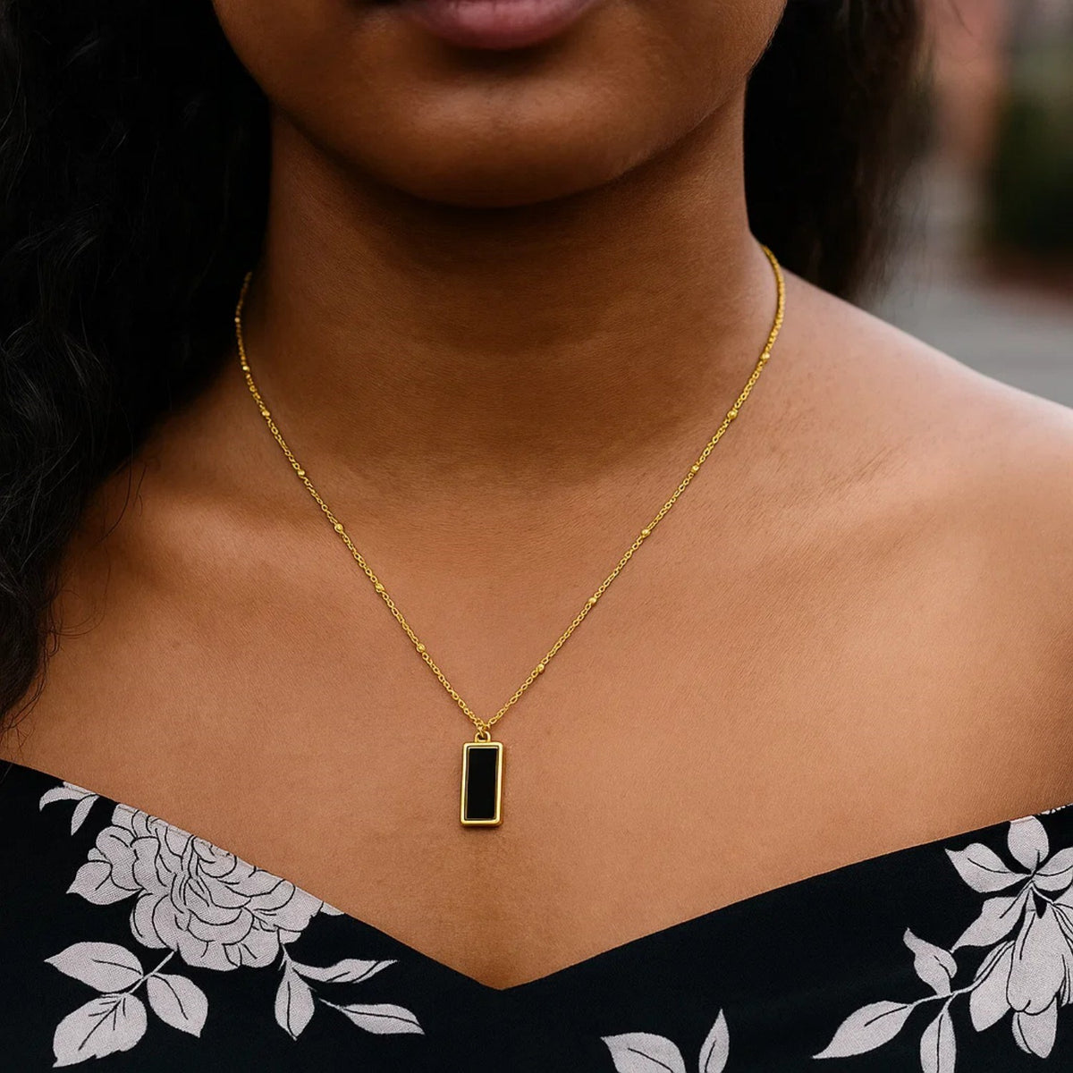 Onyx Geometric Rectangle Necklace in 14K Yellow Gold, view 3