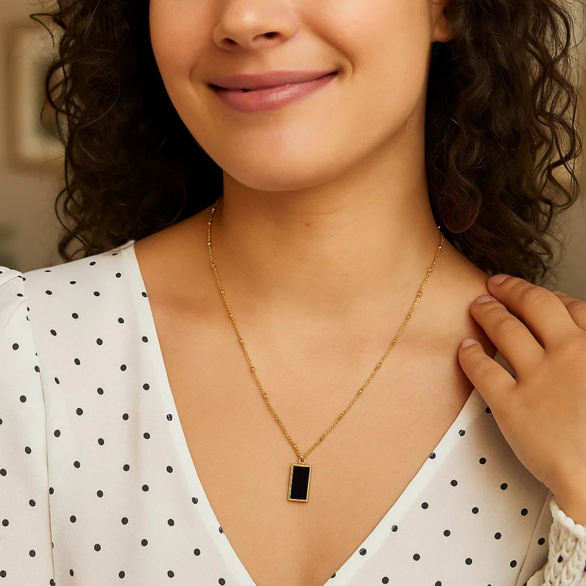 Onyx Geometric Rectangle Necklace in 14K Yellow Gold, view 4