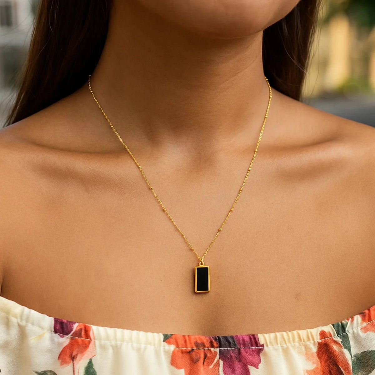 Onyx Geometric Rectangle Necklace in 14K Yellow Gold, view 5