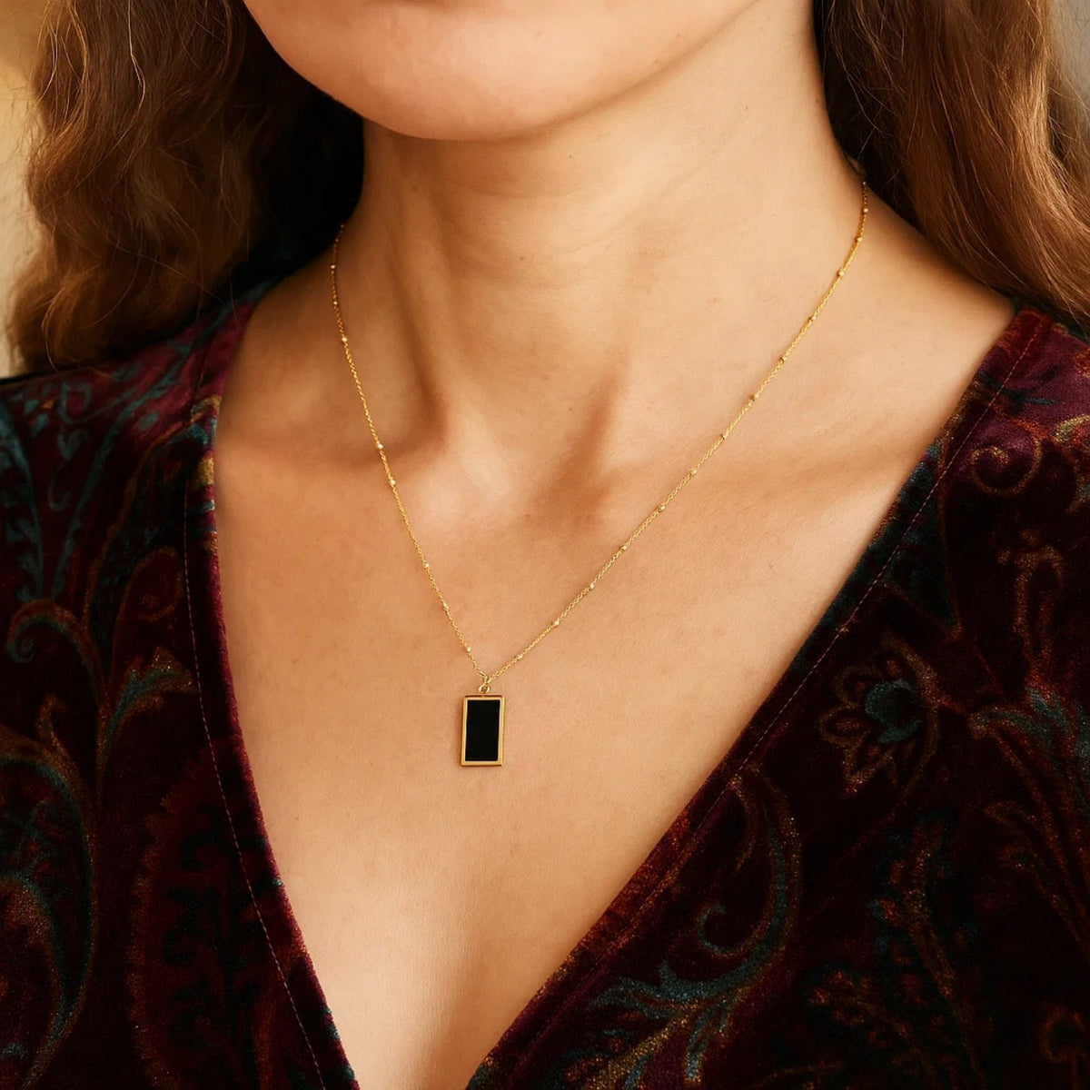 Onyx Geometric Rectangle Necklace in 14K Yellow Gold, view 6