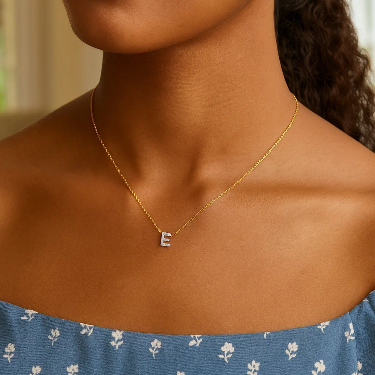 14K Yellow Gold Mini Diamond E Initial Pendant Necklace, view 5