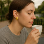 14K Yellow Gold Geometric Texture Earrings, view 2