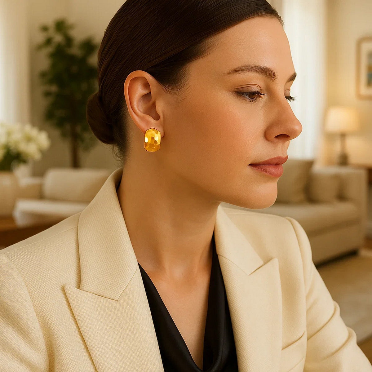 14K Yellow Gold Geometric Texture Earrings, view 3