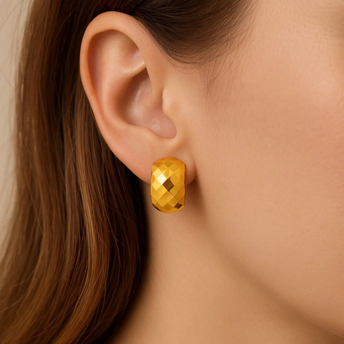 14K Yellow Gold Geometric Texture Earrings, view 4