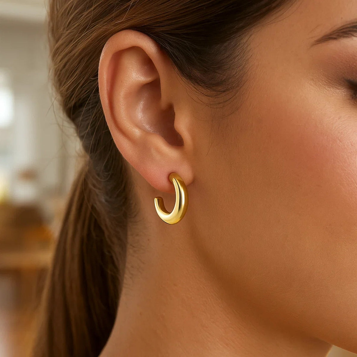 Puffy C Shaped Hoop Earrings in 14K Yellow Gold, view 2