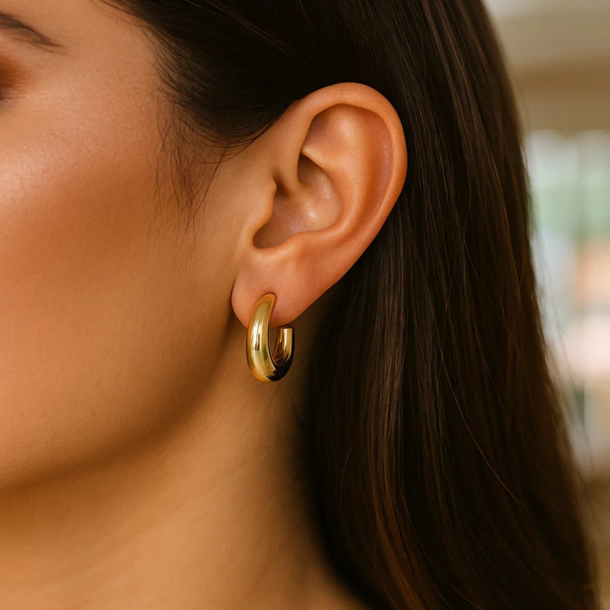 Puffy C Shaped Hoop Earrings in 14K Yellow Gold, view 3