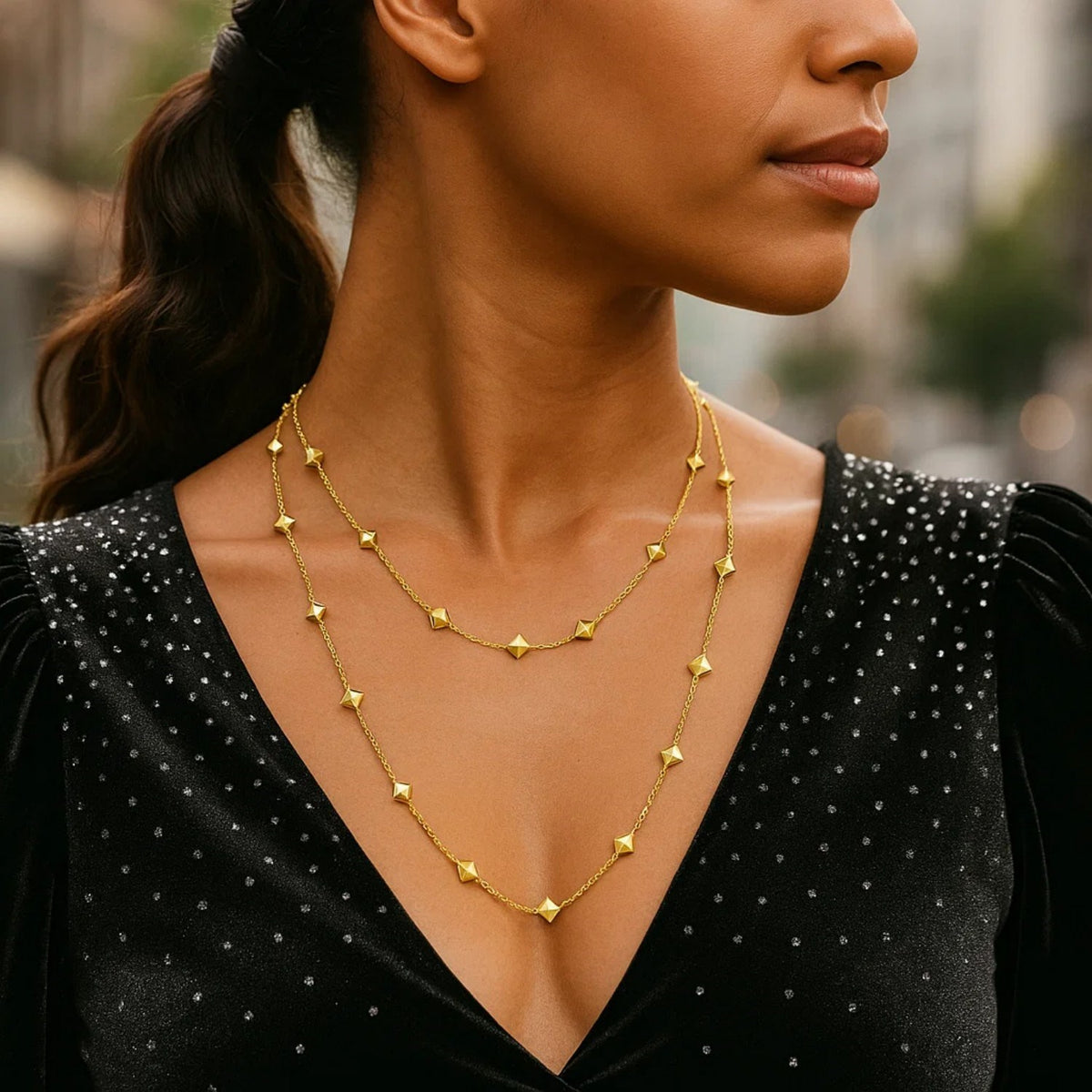 14K Yellow Gold Pyramid Station Layered Necklace, view 4