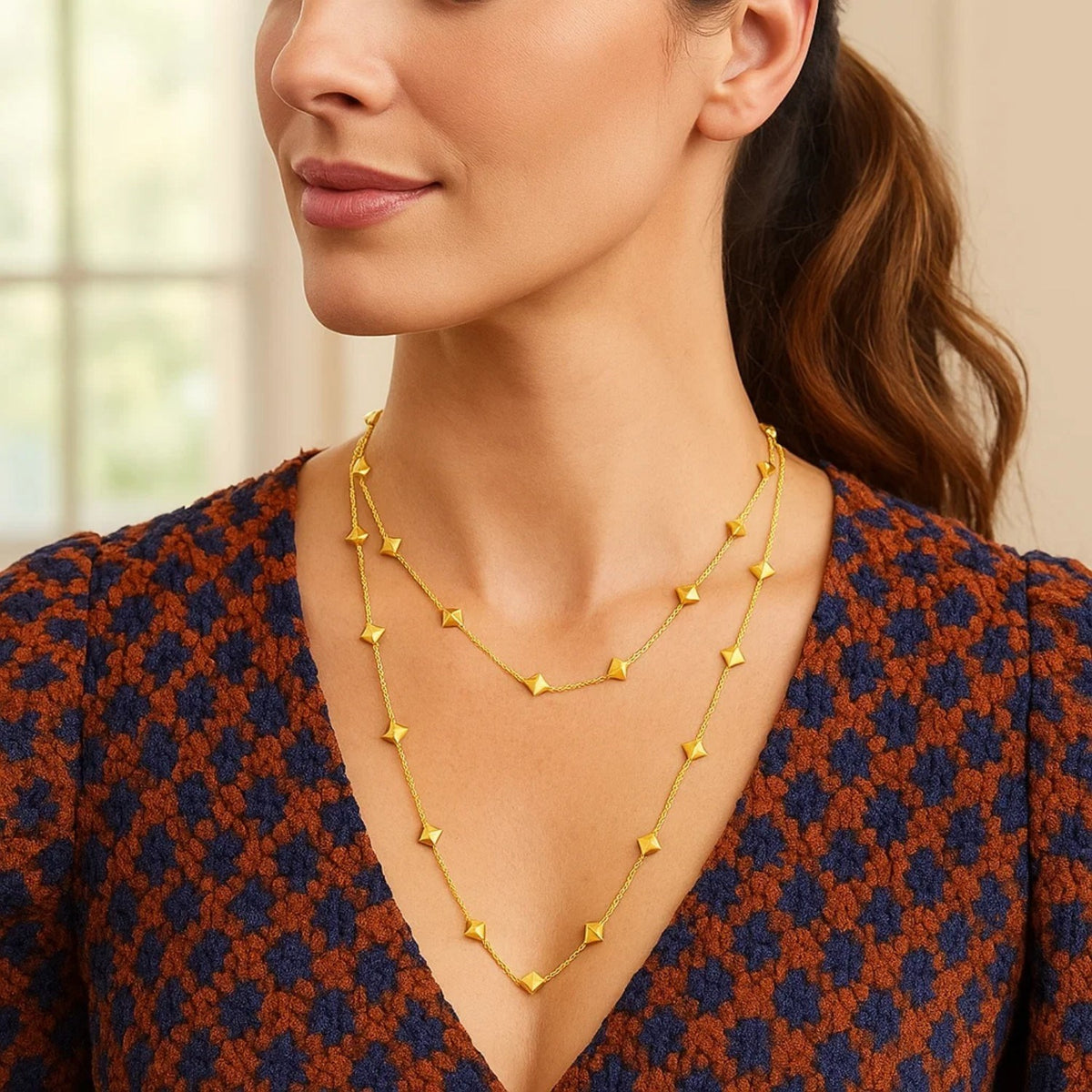 14K Yellow Gold Pyramid Station Layered Necklace, view 5