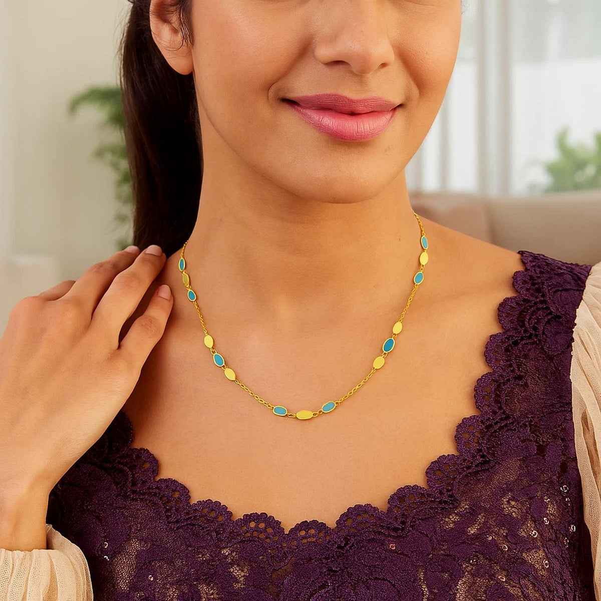 14K Yellow Gold Hexagon Turquoise Inlay Links Necklace, view 4