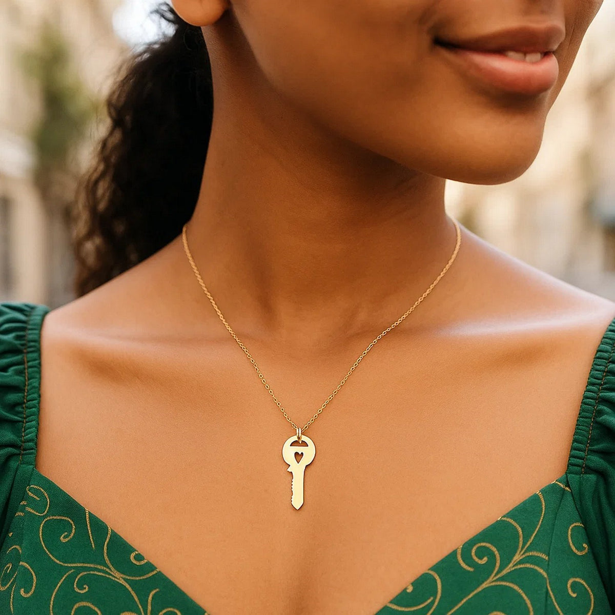 14K Yellow Gold Triple Heart Key Necklace, view 4