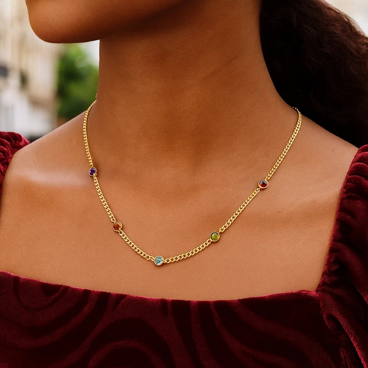 14K Yellow Gold Multi Gemstone Curb Chain Necklace, view 5