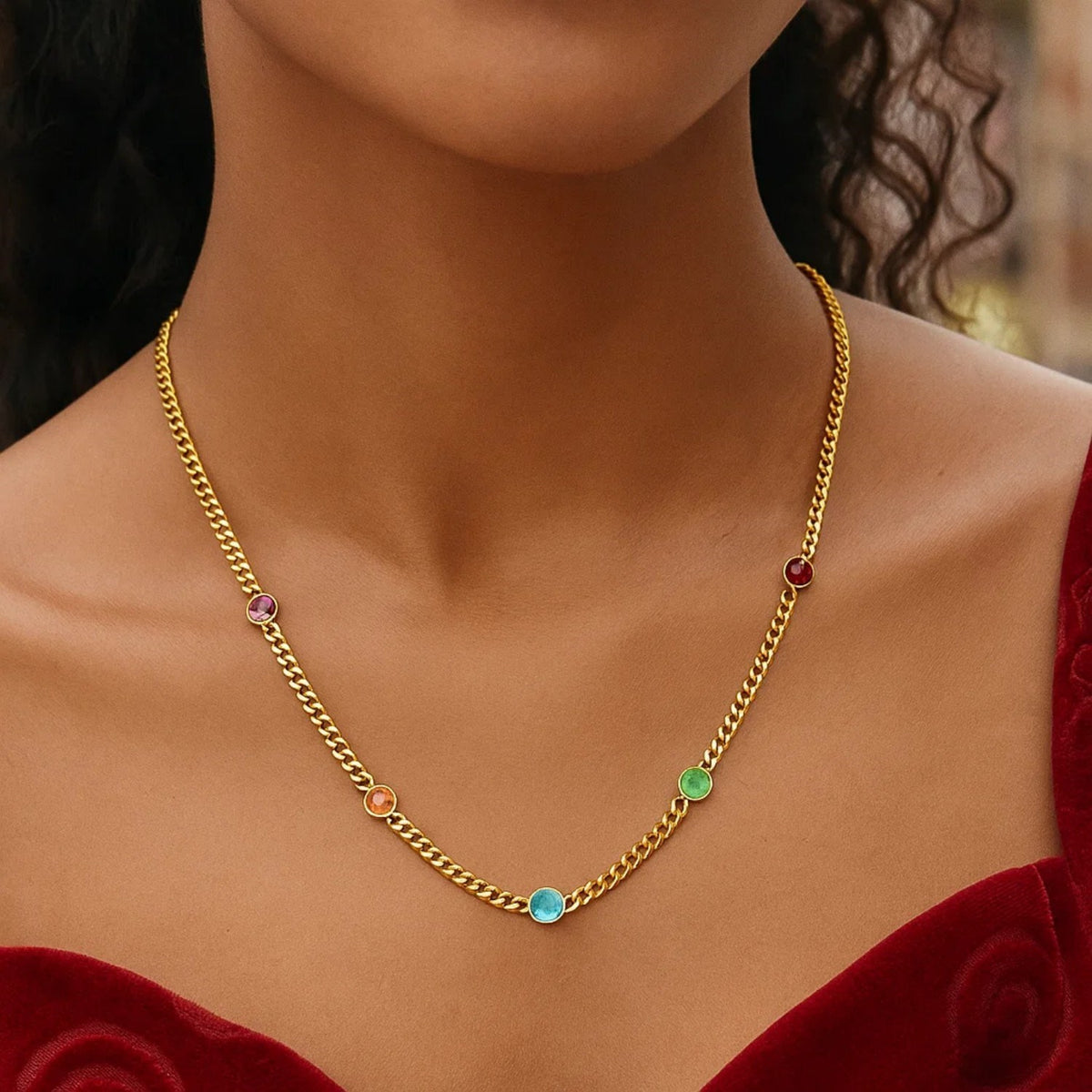 14K Yellow Gold Multi Gemstone Curb Chain Necklace, view 6