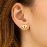 14K Yellow Gold Heart Padlock Stud Earrings, view 2