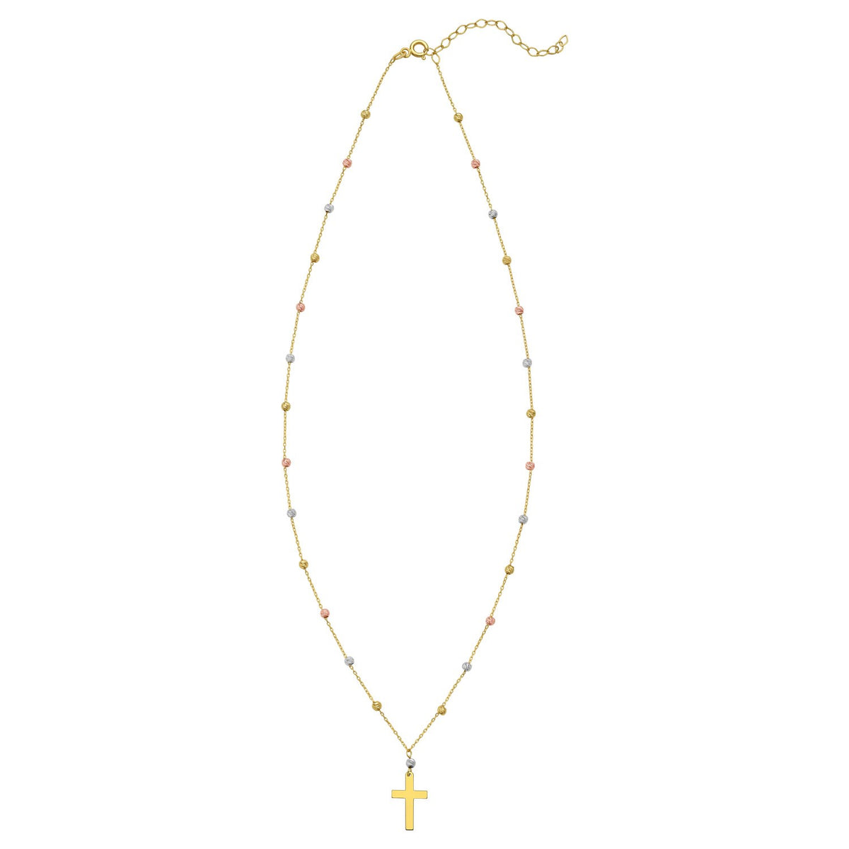 14K Tri Color Gold Beaded Cross Necklace, view 2