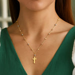 14K Tri Color Gold Beaded Cross Necklace, view 3