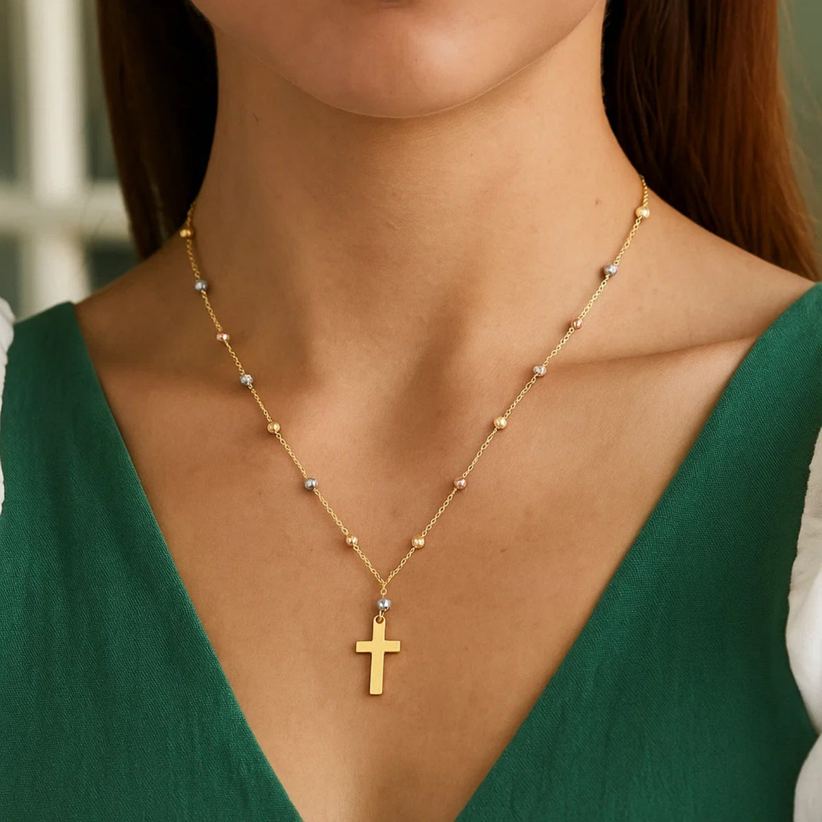 14K Tri Color Gold Beaded Cross Necklace, view 3