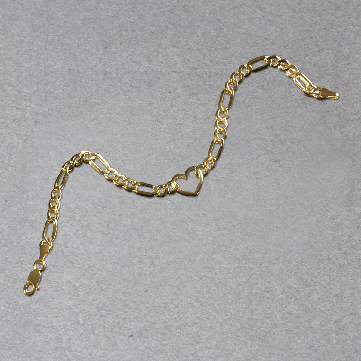 14K Yellow Gold 7 inch Figaro Chain Bracelet with Heart (4.50 mm), view 4