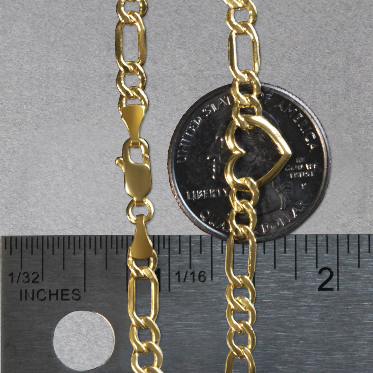 14K Yellow Gold 7 inch Figaro Chain Bracelet with Heart (4.50 mm), view 6