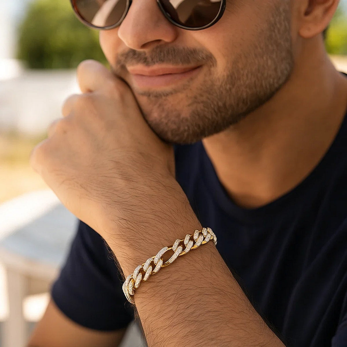14K Yellow Gold White Pave High Polish Modern Lite Figaro Bracelet (9.50 mm), view 2