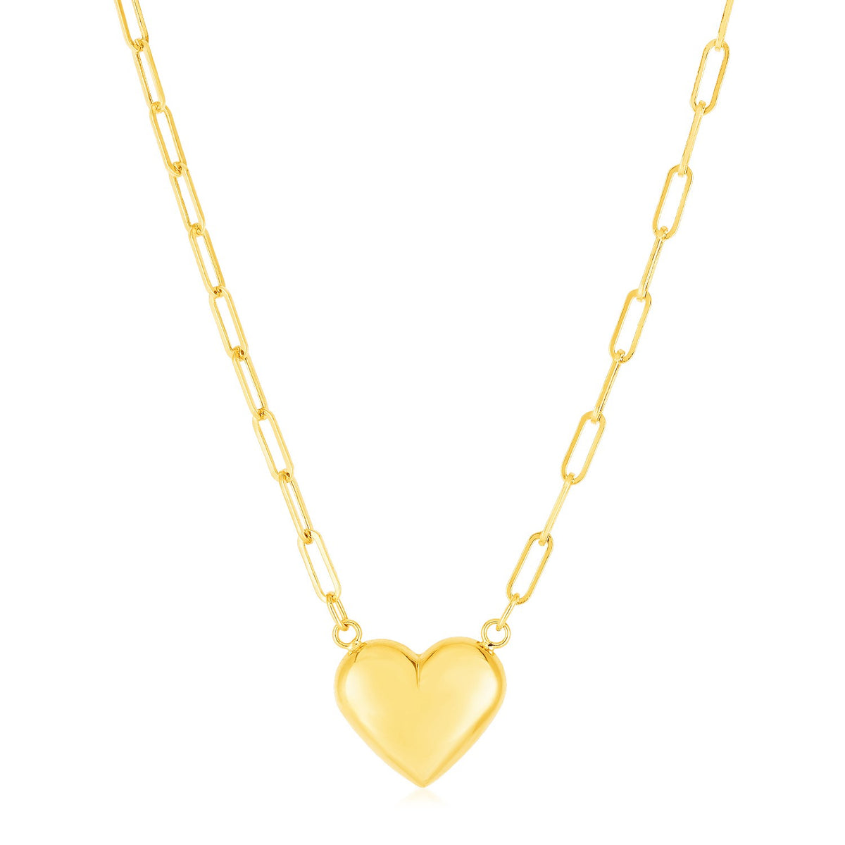 14K Yellow Gold Paperclip Chain Necklace with Puffed Heart