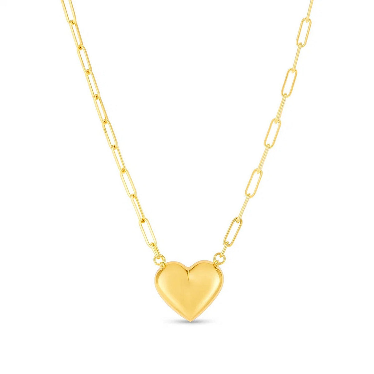14K Yellow Gold Paperclip Chain Necklace with Puffed Heart, view 2