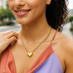 14K Yellow Gold Paperclip Chain Necklace with Puffed Heart, view 3