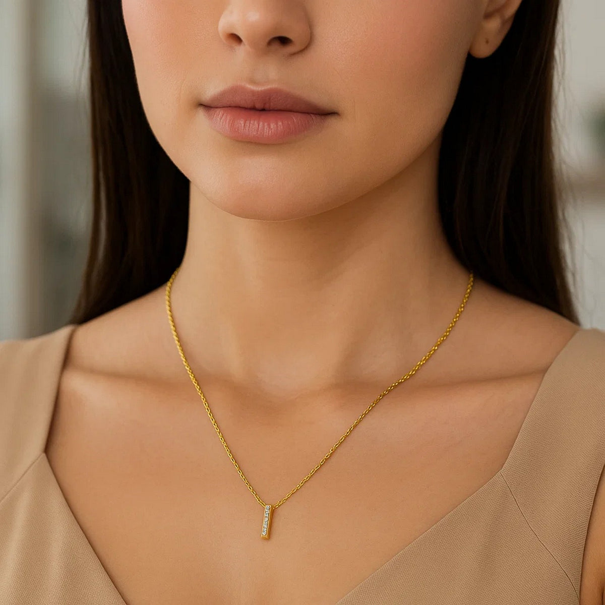 14K Yellow Gold Mini Diamond I Initial Pendant Necklace, view 5