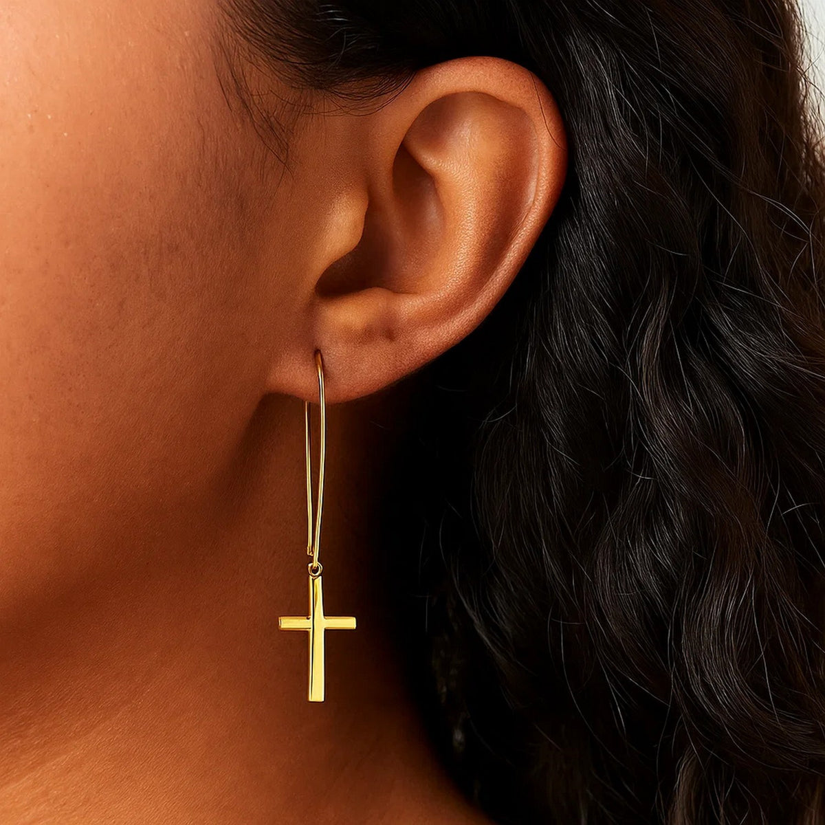 14K Yellow Gold Dangle Cross Earrings, view 2
