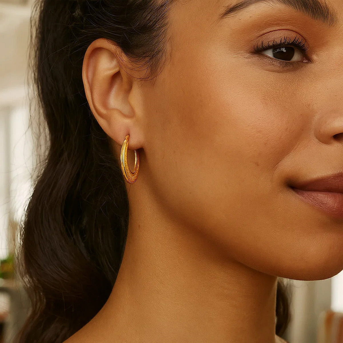 14K Yellow Gold Diamond Cut Etched Pattern Hoop Earrings, view 3
