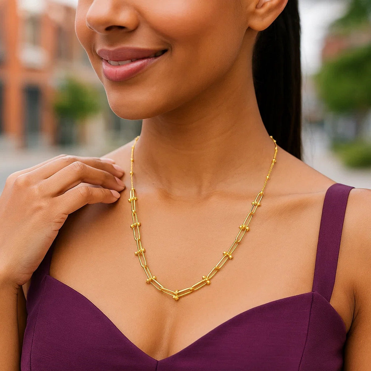 14K Yellow Gold Beaded U Link Chain Necklace, view 3