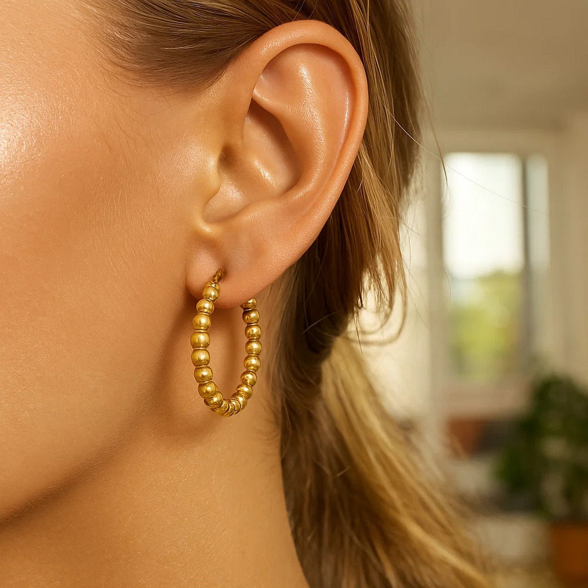 14K Yellow Gold Polished Medium Bead Hoop Earrings, view 3