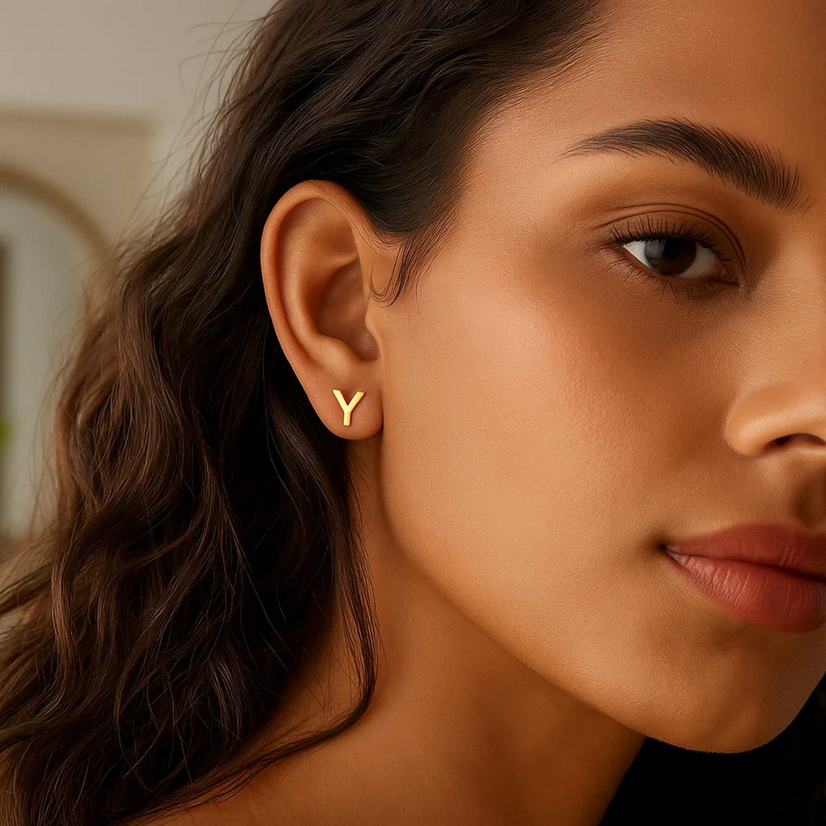 14K Yellow Gold Yours Truly Initial Y Stud Earrings, view 2