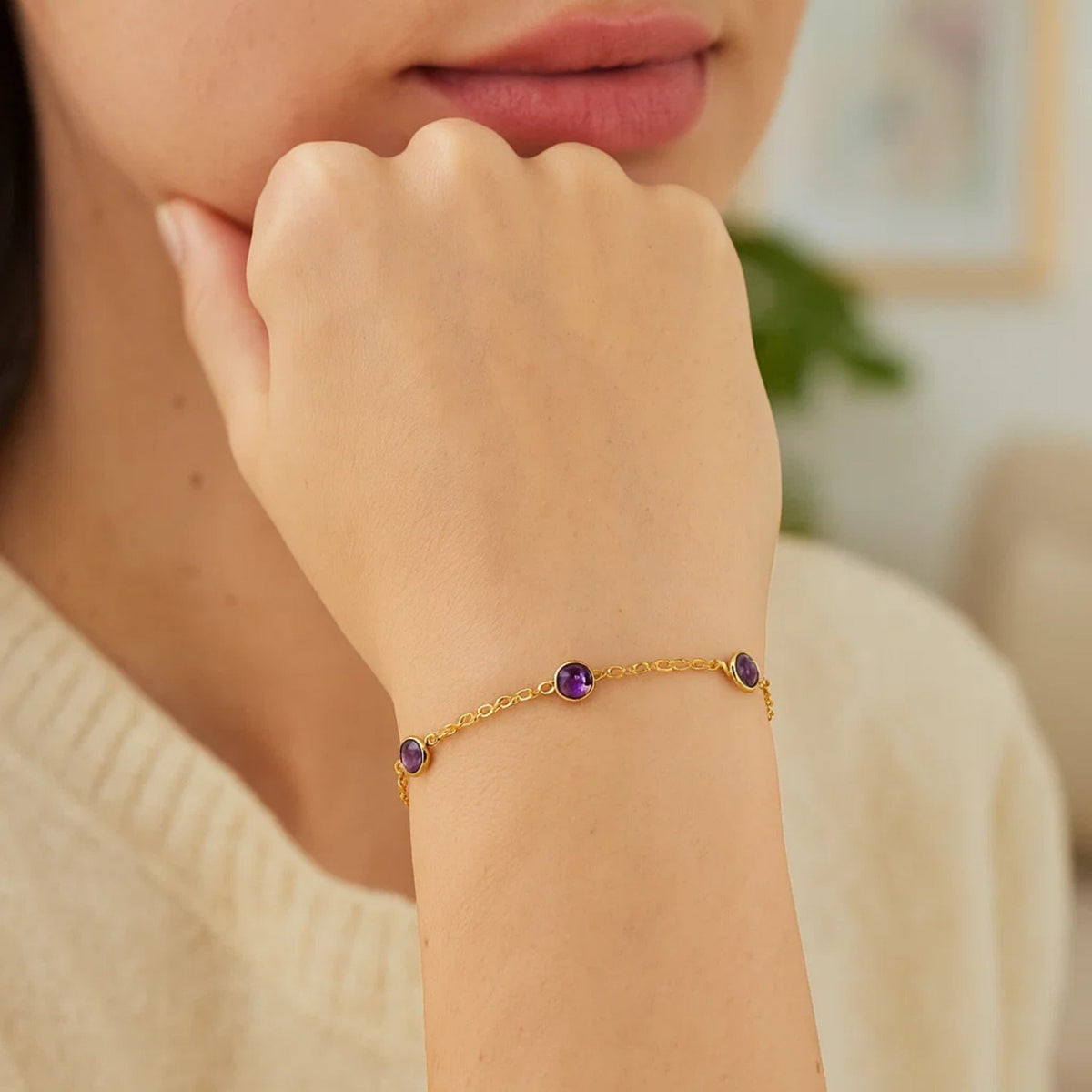 14K Yellow Gold Amethyst Station Bracelet, view 3