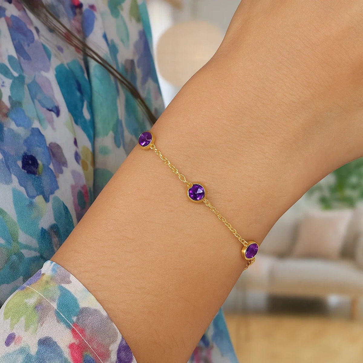 14K Yellow Gold Amethyst Station Bracelet, view 6