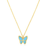 14K Yellow Gold High Polish Butterfly Turquoise Paste Necklace